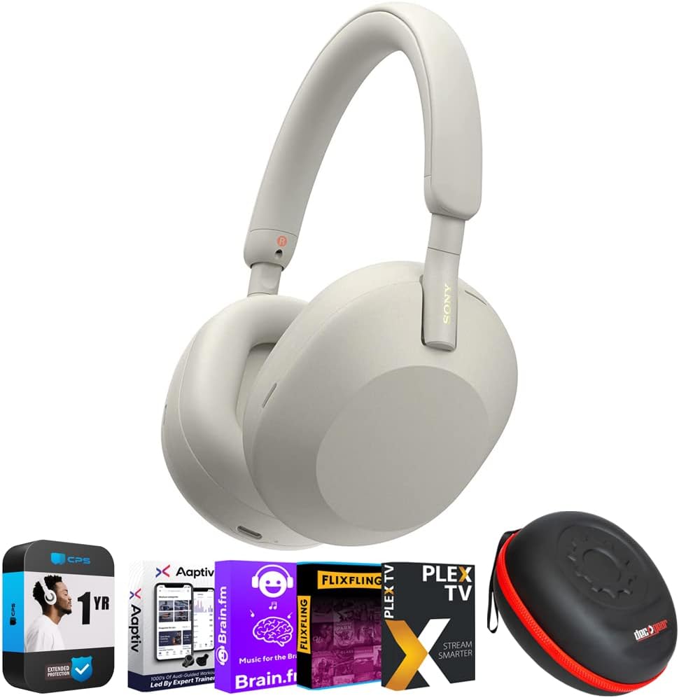 Sony WH1000XM5/S Wireless Industry Leading Noise Canceling Headphones, Silver Bundle with Premium 2 YR CPS Enhanced Protection Pack, Deco Gear Headphone Case and Audio Entertainment Essentials Bundle