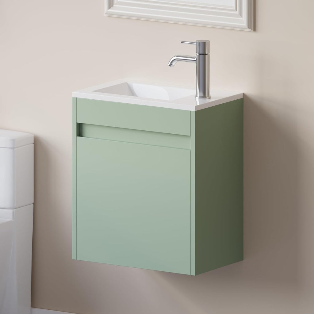 wonline 16' Small Floating Green Bathroom Vanity Sink Combo, Wall Mounted Narrow Single Cabinet with Resin Basin Sink Top, Water Saving Chrome Faucet & Pop-Up Drain