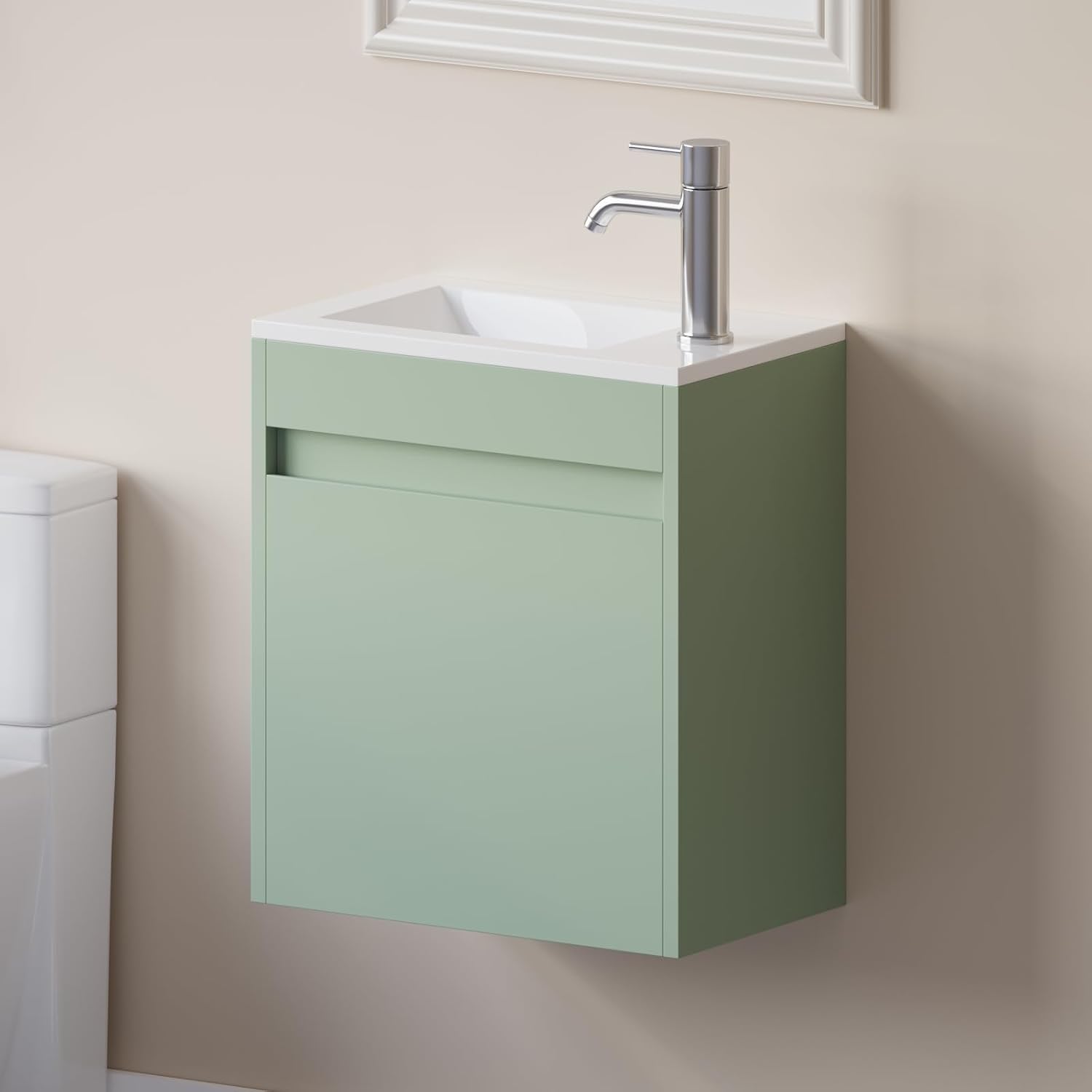 wonline 16' Small Floating Green Bathroom Vanity Sink Combo, Wall Mounted Narrow Single Cabinet with Resin Basin Sink Top, Water Saving Chrome Faucet & Pop-Up Drain