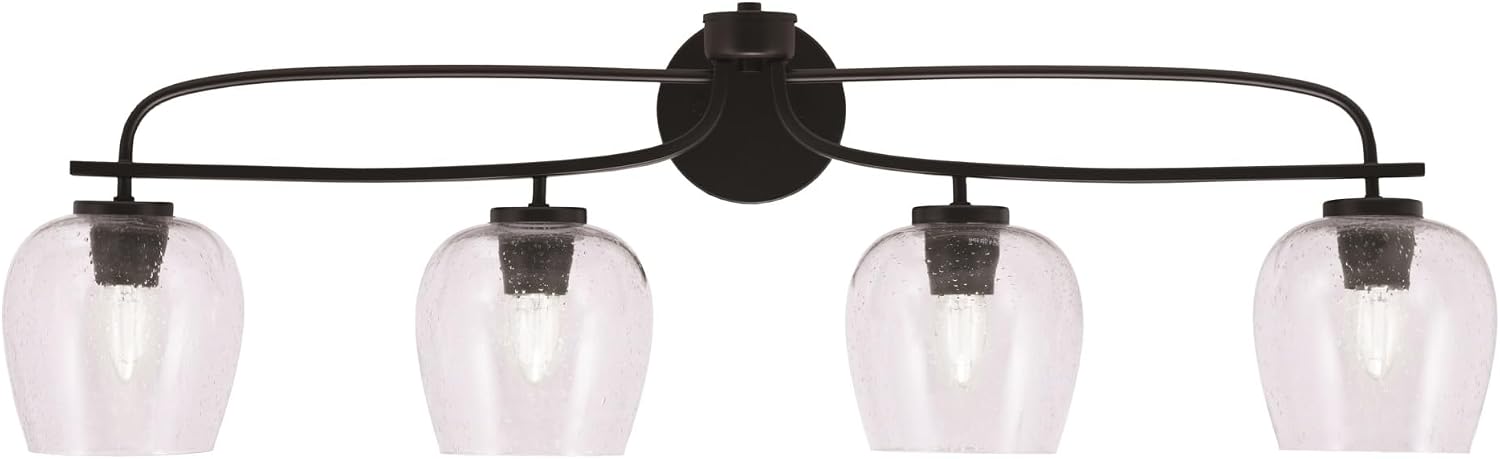 Toltec Lighting Cavella 4-Light Bath Bar – Modern Vanity Light Fixture for Bathroom – Dimmable and LED-Compatible Wall Light – Matte Black Finish, 6' Clear Bubble Glass