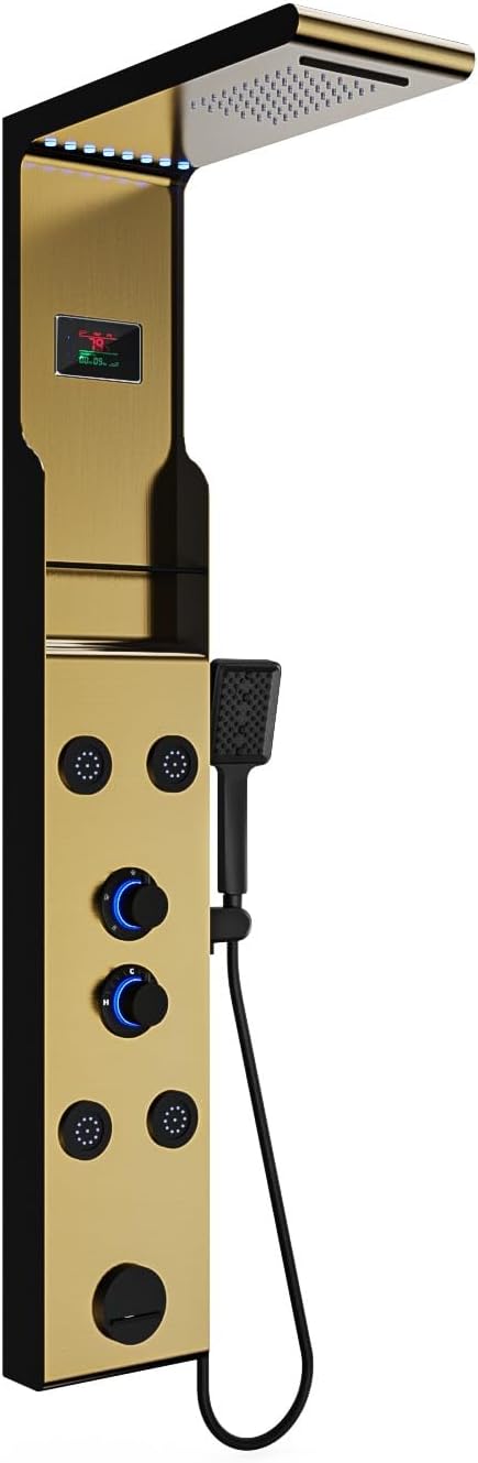 ELLO&ALLO LED Rainfall Shower Head and Rain Massage System with Body Jets Stainless Steel Bathroom Shower Panel Tower System with Shelf, Brushed Gold&Black