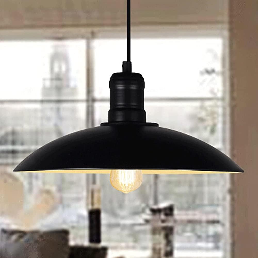 Retro Pendant Light, Black Metal Lamp Body + Frisbee Shape Wrought Iron Lampshade Hanging Lights, E27 Lighting Fixtures for Farmhouse, Dining Room, Bathroom