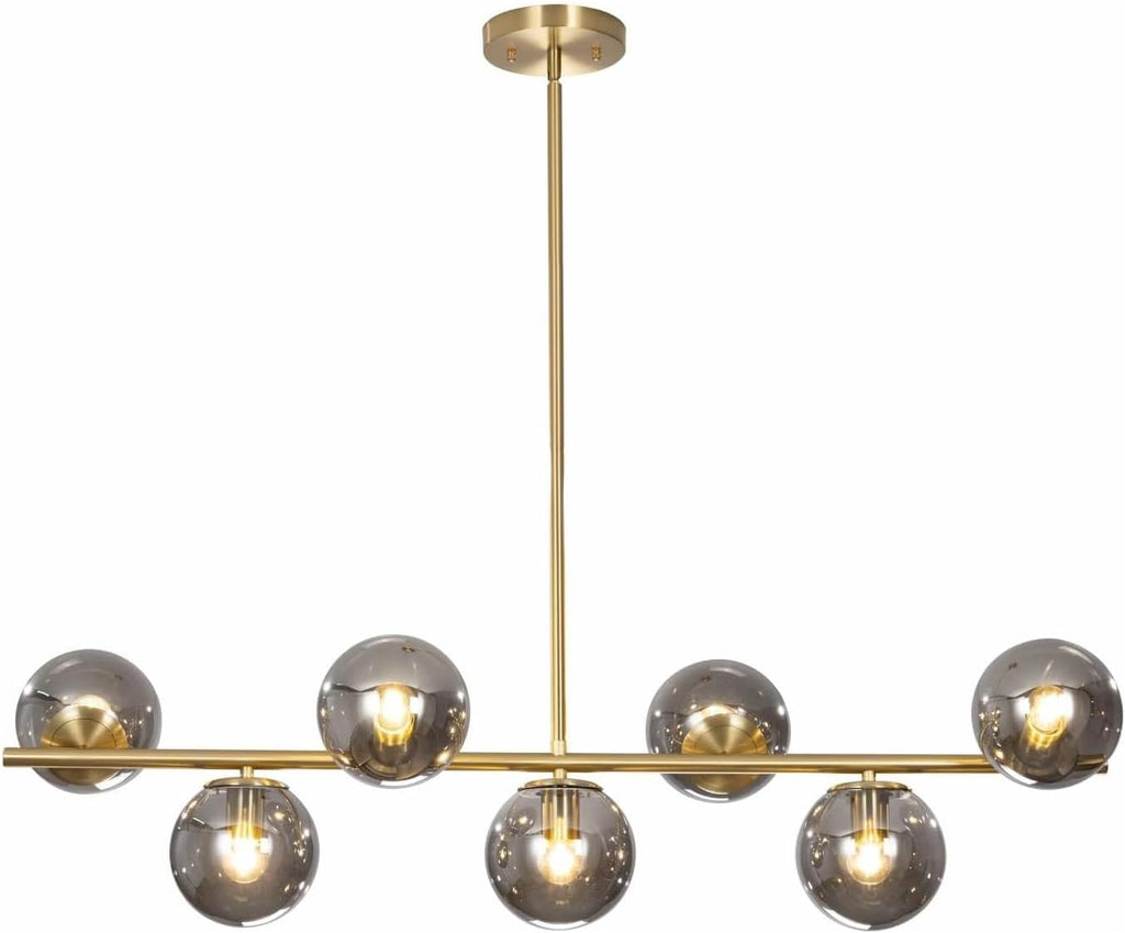 KCO Mid Century Modern 7 Light Brass Gold Linear Sputnik Chandelier | 31.5' Rod for Sloped Ceiling 7W 3000K E26 Bulb Included, Smoke Gray Glass Globe Pendant Light Fixture for Kitchen Dining Room