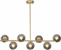 KCO Mid Century Modern 7 Light Brass Gold Linear Sputnik Chandelier | 31.5' Rod for Sloped Ceiling 7W 3000K E26 Bulb Included, Smoke Gray Glass Globe Pendant Light Fixture for Kitchen Dining Room
