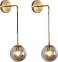 BOKT Mid Century Modern Wall Sconce Set of Two Gold Wall Sconce Light Smoke Gray Glass Round Wall Lighting Fixture Set of 2 Brushed Brass Minimalist Adjustable Bar Wall Lamp (Gold+Smoky Grey)