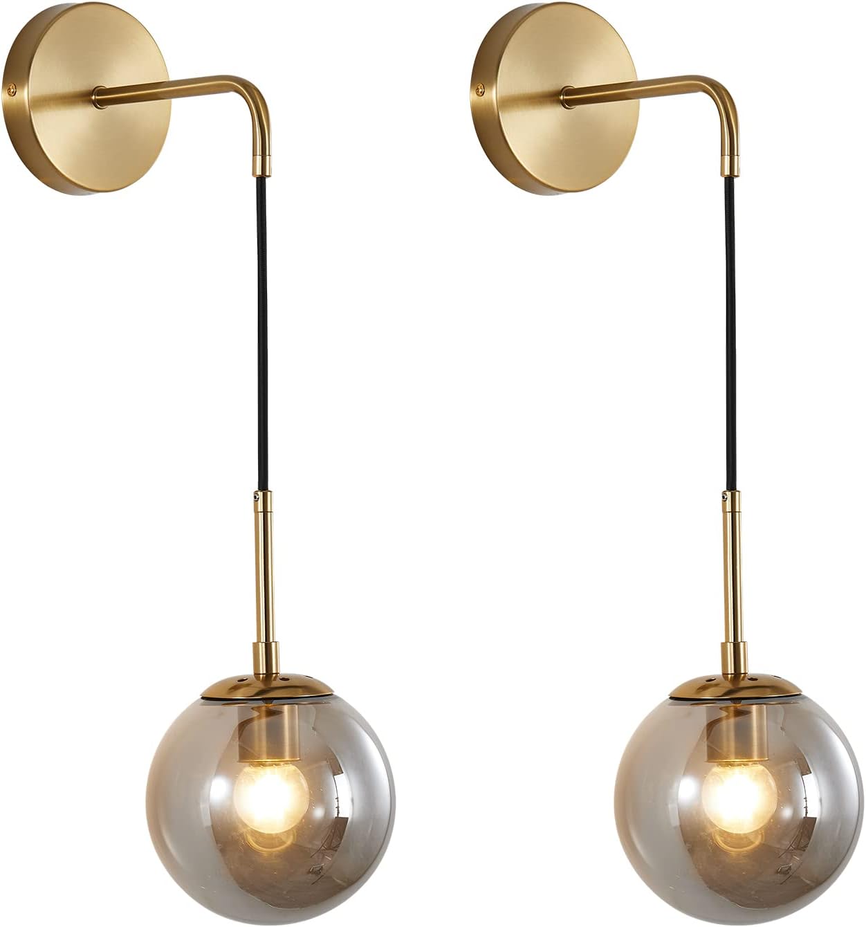 BOKT Mid Century Modern Wall Sconce Set of Two Gold Wall Sconce Light Smoke Gray Glass Round Wall Lighting Fixture Set of 2 Brushed Brass Minimalist Adjustable Bar Wall Lamp (Gold+Smoky Grey)