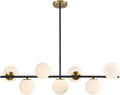 KCO 43.3' Black Gold Linear Glass Globe Sputnik Chandelier for Dining Room | 7-light milk glass globe, mid century modern Linear Pendant, sloped ceiling compatible, for Kitchen island,living room, study