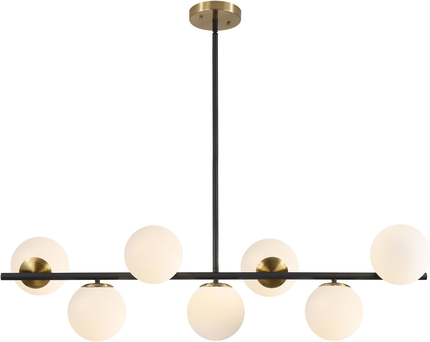 KCO 43.3' Black Gold Linear Glass Globe Sputnik Chandelier for Dining Room | 7-light milk glass globe, mid century modern Linear Pendant, sloped ceiling compatible, for Kitchen island,living room, study