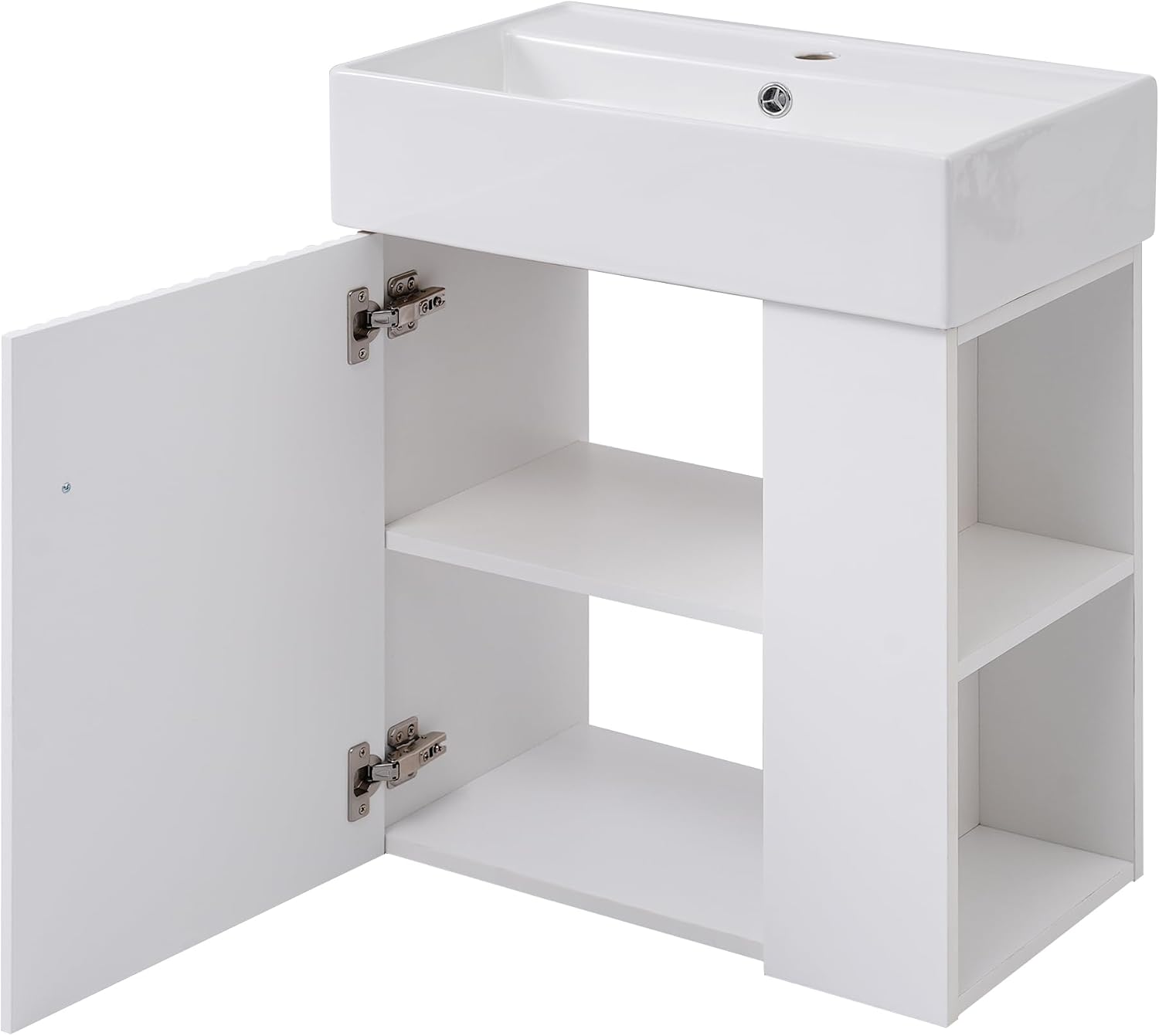 21.6-inch Bathroom Vanity with Sink, Wall-Mounted Vanity Storage Cabinet with One Door & Right Two-Tier Shelf, Solid Wood Organizer with Ceramic Sink for Bathroom, White