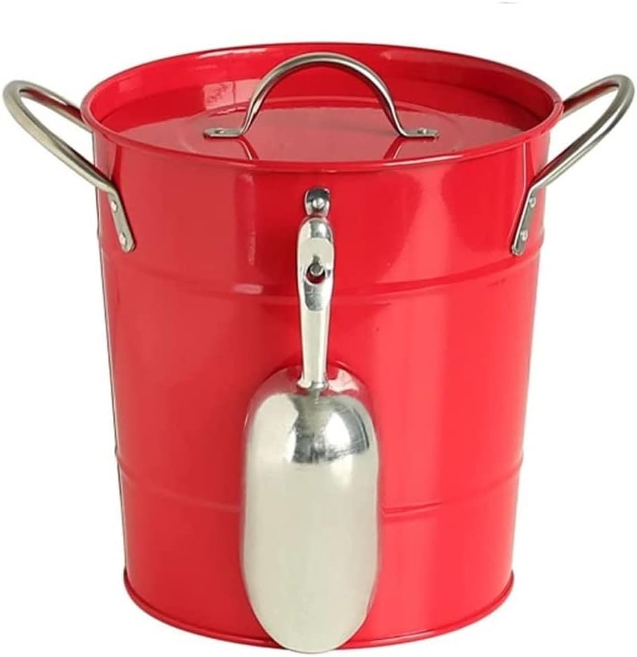 Ice Bucket Double Ice Bucket with Lid Ice Buckets Wrought Iron Champagne Bucket Beer Bucket with Handle and Ice Shovel Beverage Ice Tubs(Color:Red)