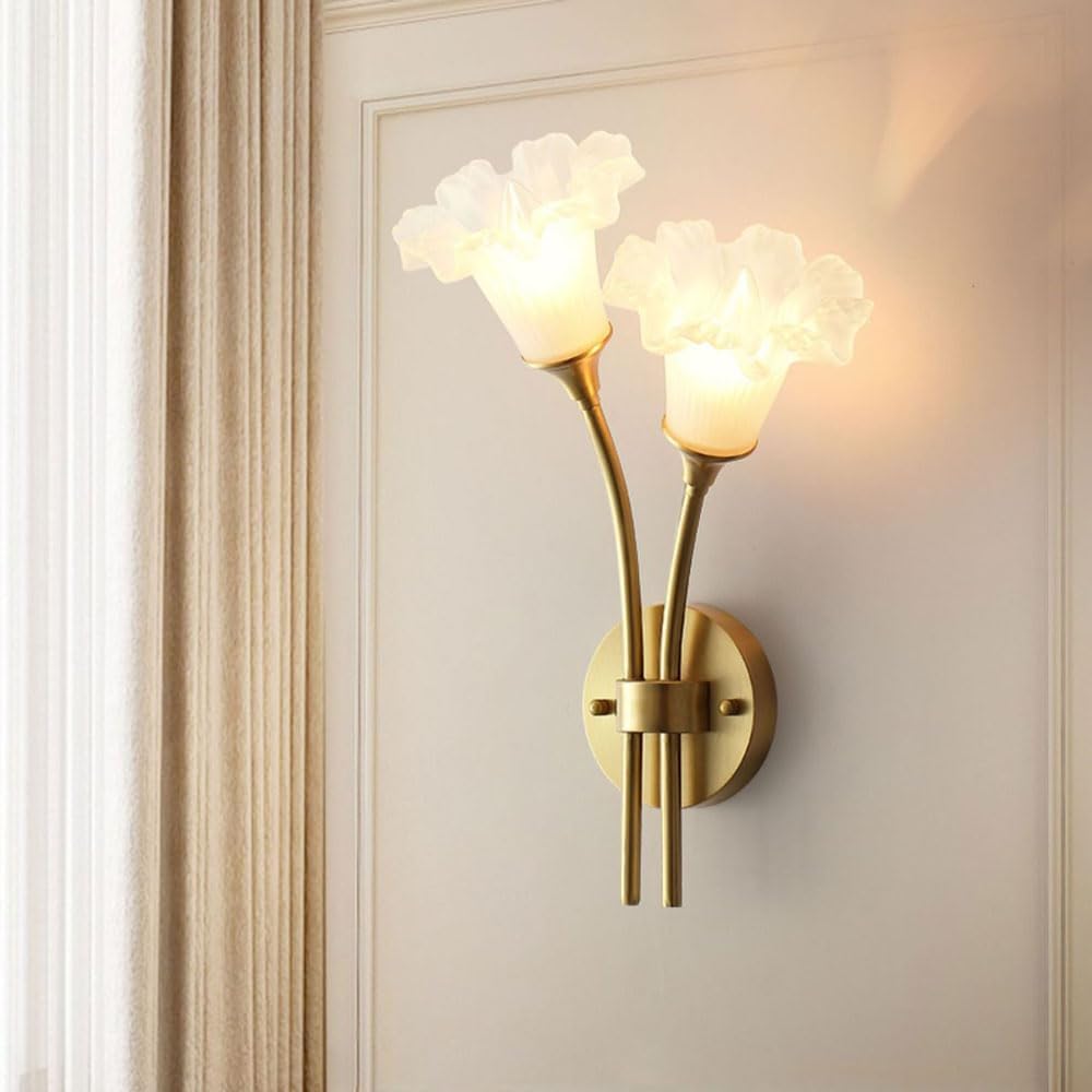 Elegant Brass Wall Light Fixture French Flower Glass Wall Sconce Luxurious Brushed Brass Bathroom Vanity Lighting, 2-Light Floral Home Decor Lights Fixture for