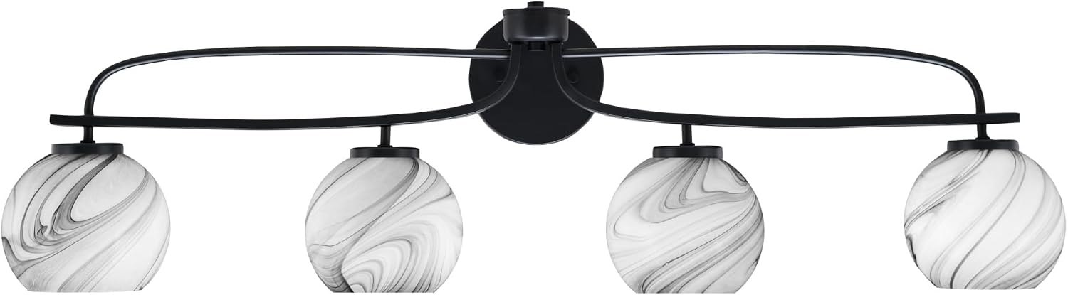 Toltec Lighting Cavella 4-Light Bath Bar – Modern Vanity Light Fixture for Bathroom – Dimmable and LED-Compatible Wall Light – Matte Black Finish, 5.75' Onyx Swirl Glass
