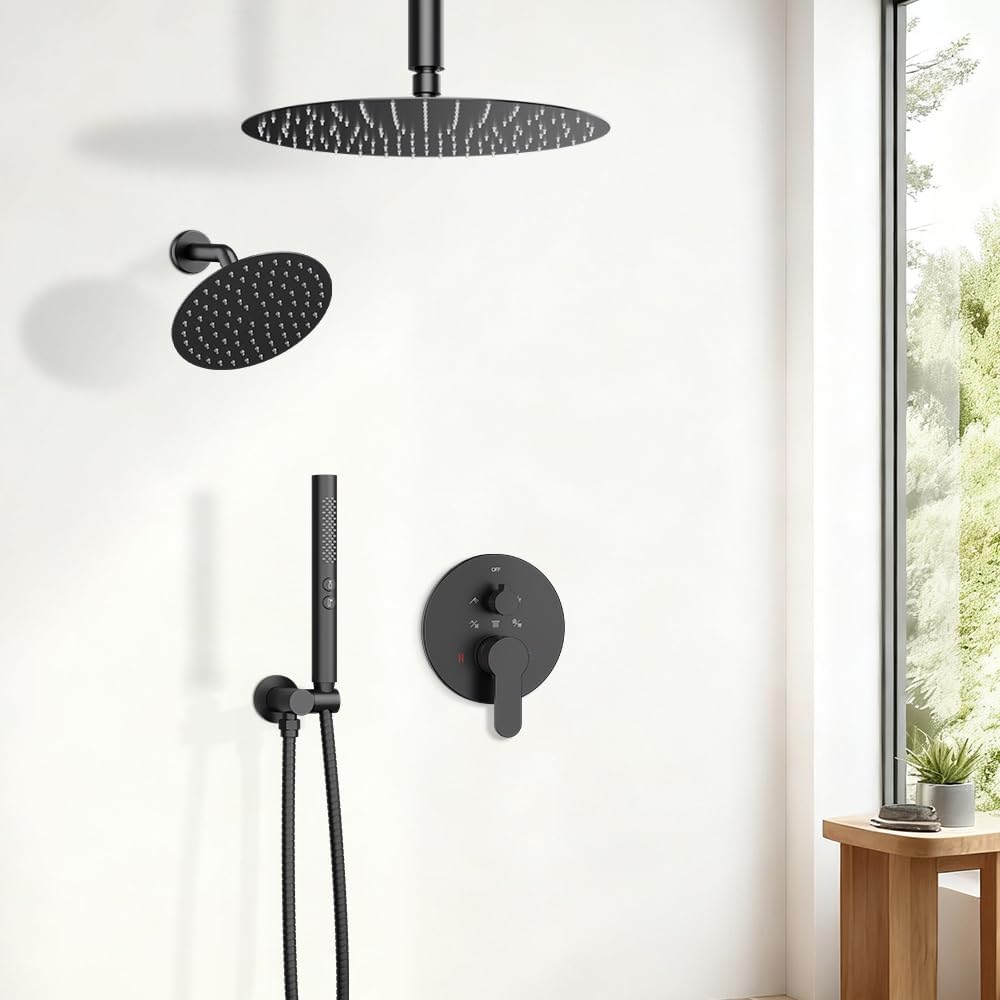 Shower Systems Shower Faucet Sets STARBATH 3 Way 12+6' Round Dual Rainfall Shower Head with Handheld Spray Combo, Ceiling Mounted Rain Shower Valve with 5 Diverter and Trim Kit Complete, Matte Black