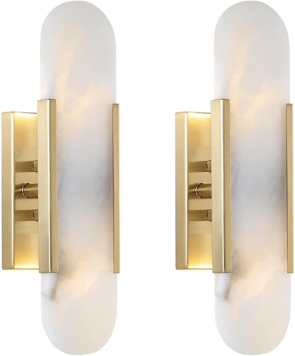 Modern Minimalist Design Wall Lamps Set of 2 for Bedrooms Plug in Iron Wall Sconce with Creative Marble Fixture Ideal for Bedroom Bathroom Living Room Gold Color-Gold-Warm Light