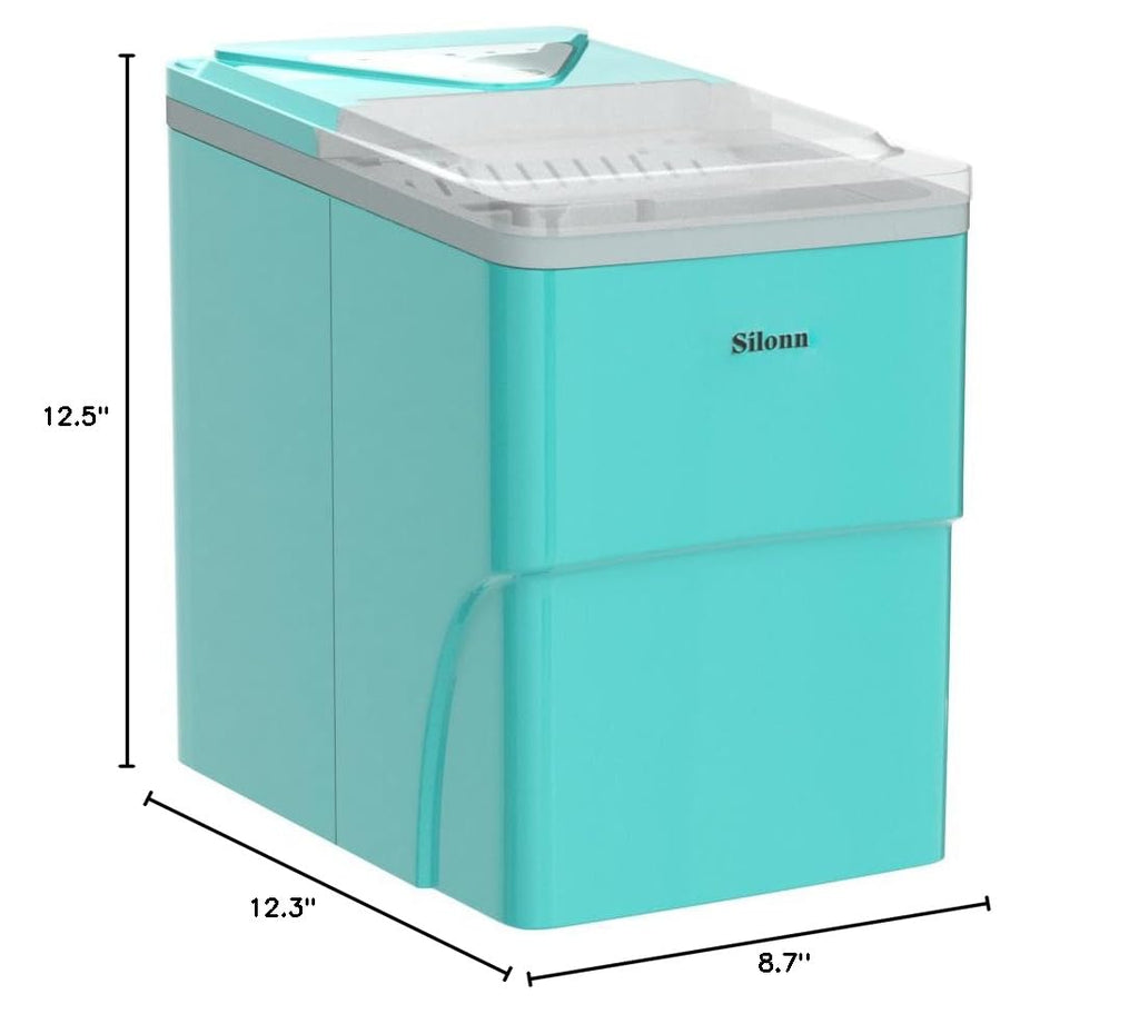 Silonn Ice Makers Countertop, 9 Cubes Ready in 6 Mins, 26lbs in 24Hrs, Self-Cleaning Ice Machine with Ice Scoop and Basket, 2 Sizes of Bullet Ice for Home Kitchen Office Bar Party, Green