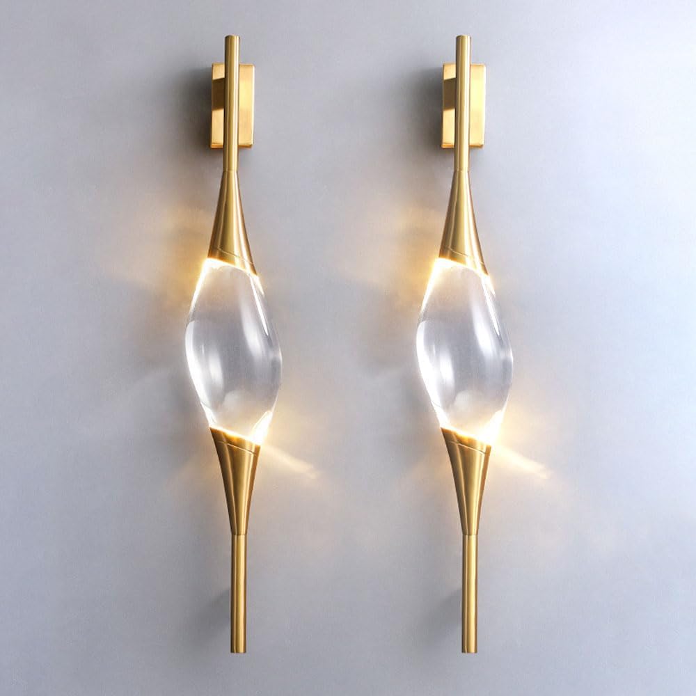 Crystal Wall Sconce Set of 2 Brass Wall Light Fixture Modern Teardrop Sconces Wall Lighting Elegant Wall Mounted Lamp 5W 3000K Vanity Wall Lights for Bedroom Living Room Hallway
