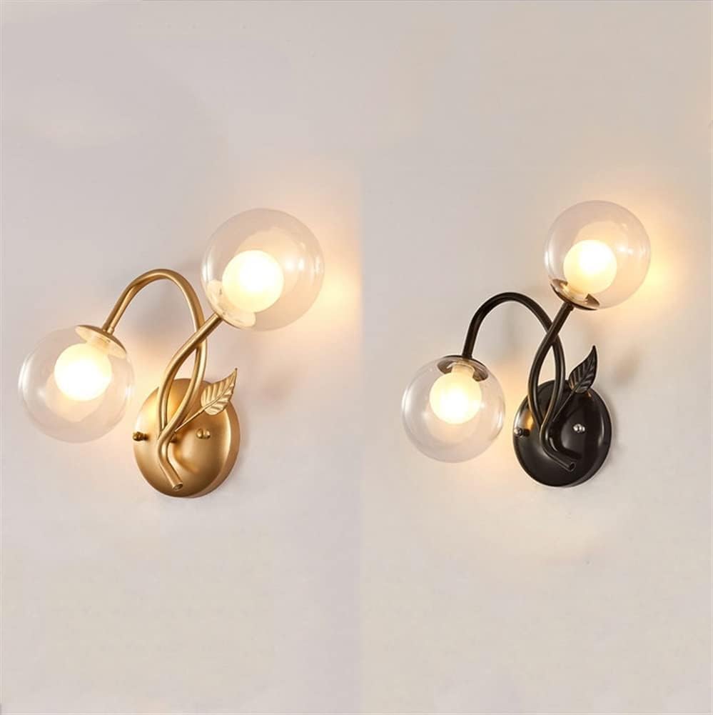 Indoor Bedside Lamp Wall Wash Light - Double Head Wall Lamp Wrought Iron Lamp Body with Glass Lampshade Wall Light Apply to Bedroom Bathroom(Black)
