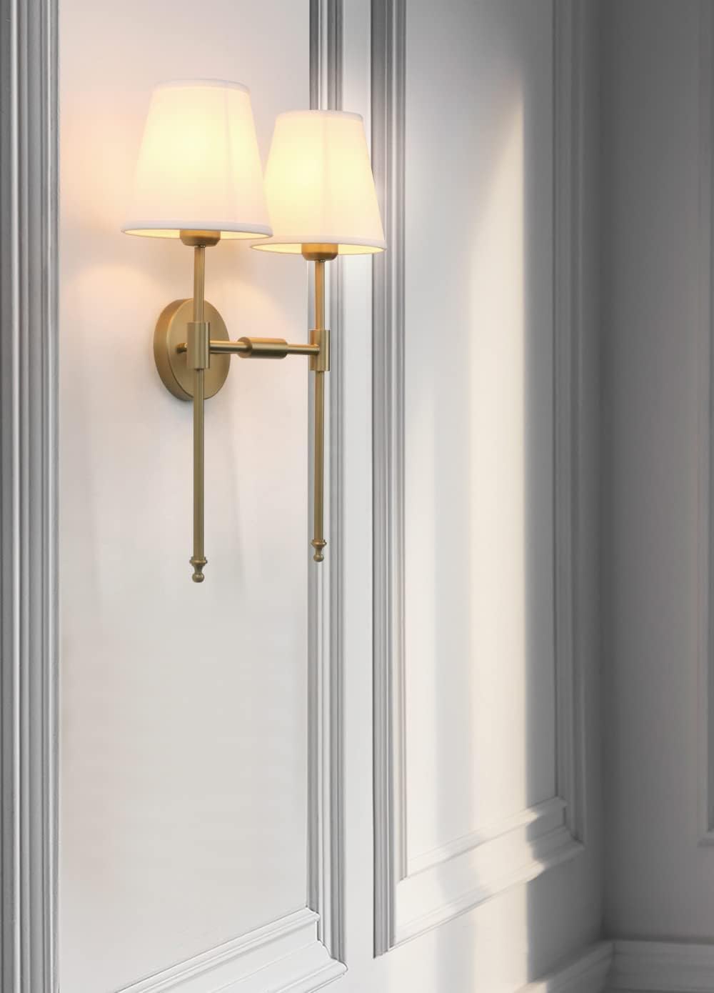 PERMO Classic Rustic Double Sconce Large 2-Lights Wall Sconce with Flared White Textile Lamp Shade and Antique Brass Finished Long Arm, Wall Sconce Light Fixture for Living Room Bathroom Bedroom
