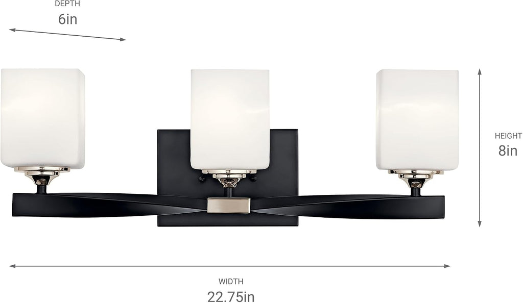 Kichler Marette 22.75' Vanity Light in Black, 3-Light Modern Bathroom Light with Satin Etched Cased Opal Glass, (22.75' W x 8' H), 55002BK