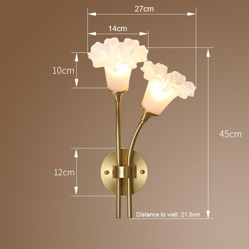 Elegant Brass Wall Light Fixture French Flower Glass Wall Sconce Luxurious Brushed Brass Bathroom Vanity Lighting, 2-Light Floral Home Decor Lights Fixture for