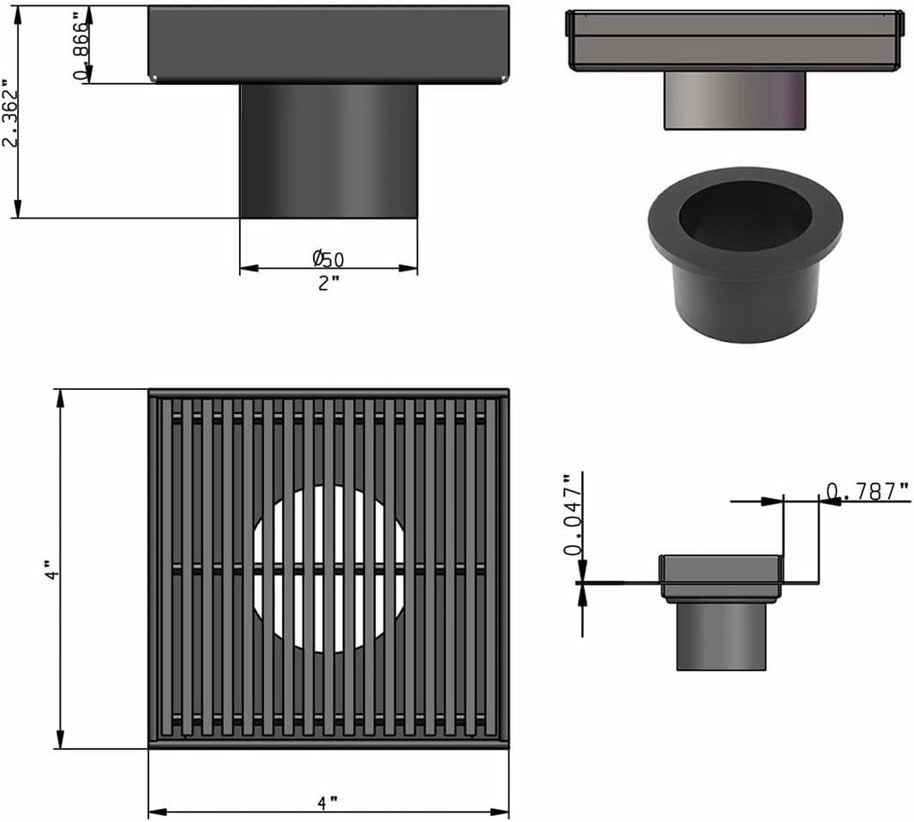 SereneDrains 304 Stainless Steel 4 Inch Square Matte Black Shower Drain Kit for Tile Floor Drain Grate Cover Hair Catcher Trap Strainer Filter (Matte Black, Linear Wedge Design)