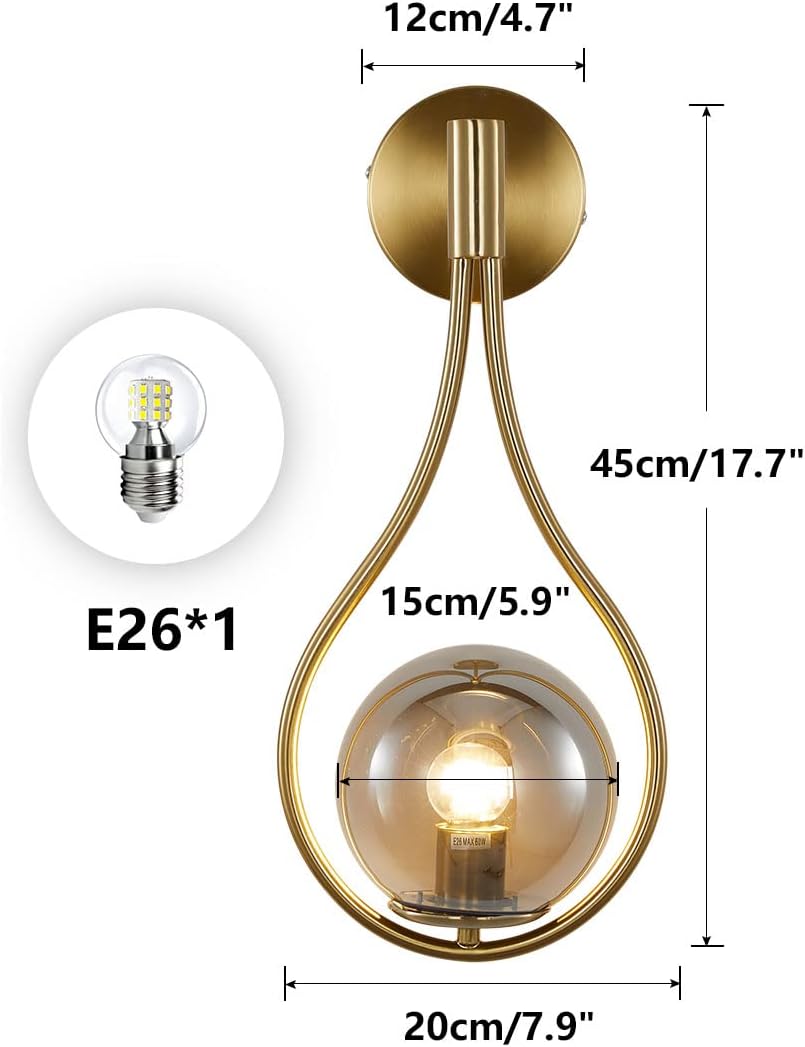 BOKT Modern Golden Metal Wall Sconce Mid Century Simple Wall Lights Farmhouse Wall Lighting Fixture Gold Round Ball Smokey Grey Globes Ceiling Bedside Reading Light for Study Laundry Living Room…