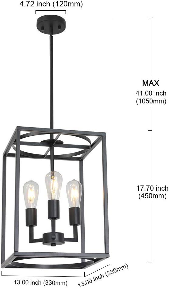 BONLICHT Rustic Hall Foyer Cage Chandelier 3-Light Vintage Industrial Farmhouse Lantern Square Pendant Hanging Lighting Black Kitchen Island Ceiling Light Fixture for Dining Room Hallway Bar