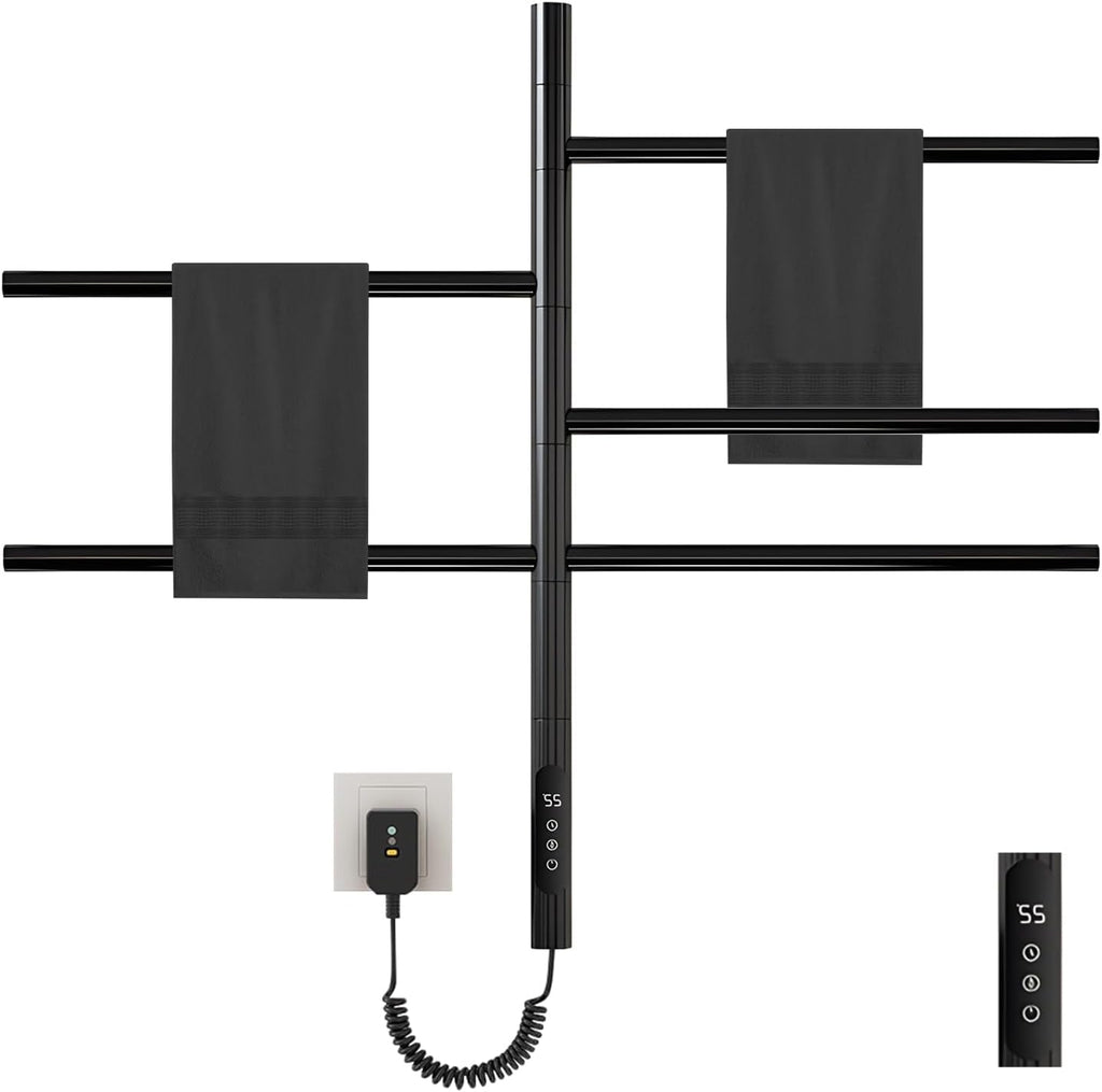 180°Rotation Electric Heated Towel Rack Wall Mounted Towel Warmer Racks 5 Bars Hardwired & Plug-in Hot Towel Rack with 1H-9H Timer for Home Bathroom Salons and Spas (Black)