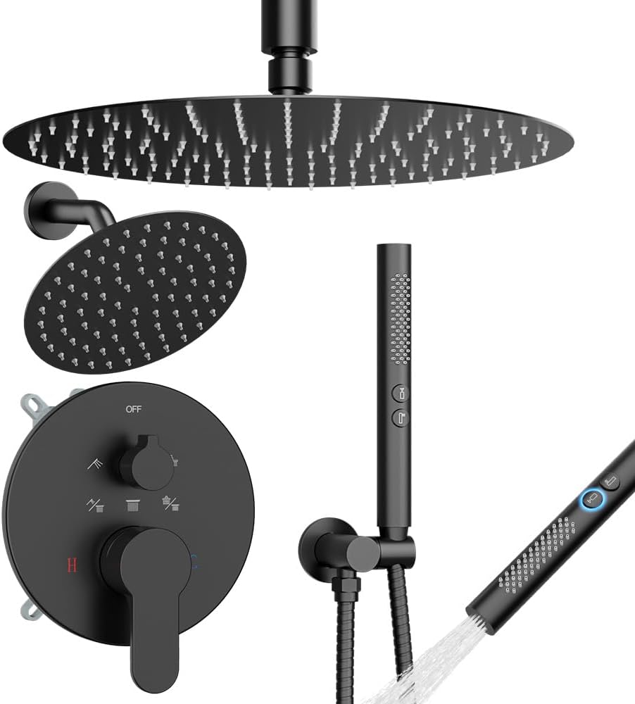 Shower Systems Shower Faucet Sets STARBATH 3 Way 12+6' Round Dual Rainfall Shower Head with Handheld Spray Combo, Ceiling Mounted Rain Shower Valve with 5 Diverter and Trim Kit Complete, Matte Black