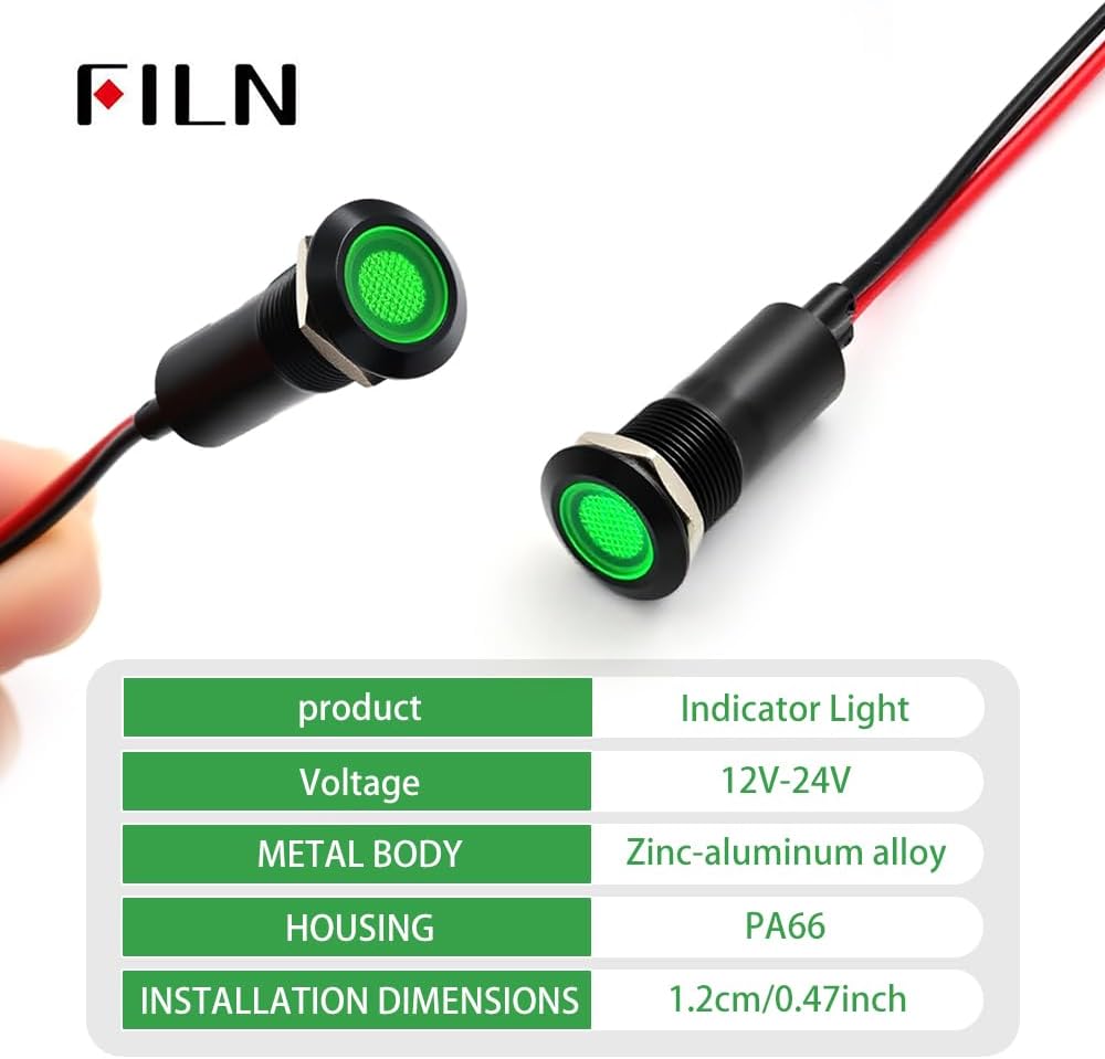 50PCS 12mm (1/2') Green LED Indicator Light Waterproof Metal Signal Lamp 5V 12V 24V IP67 Pilot Dash Head for Car Industrial Equipment Light (12V-Black Shell Green 50PCS)