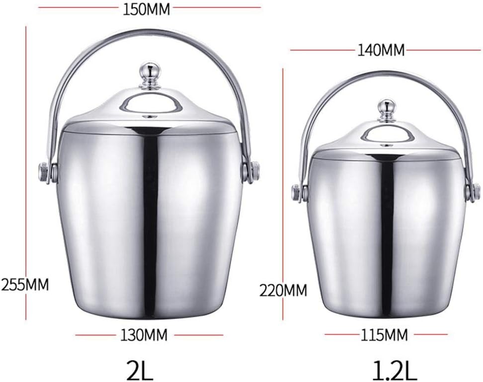 1.2/2L Stainless Steel Ice Bucket Portable 6-Hour Double-Layer Insulated Freezer with Lid for Parties Barbecues Buffets