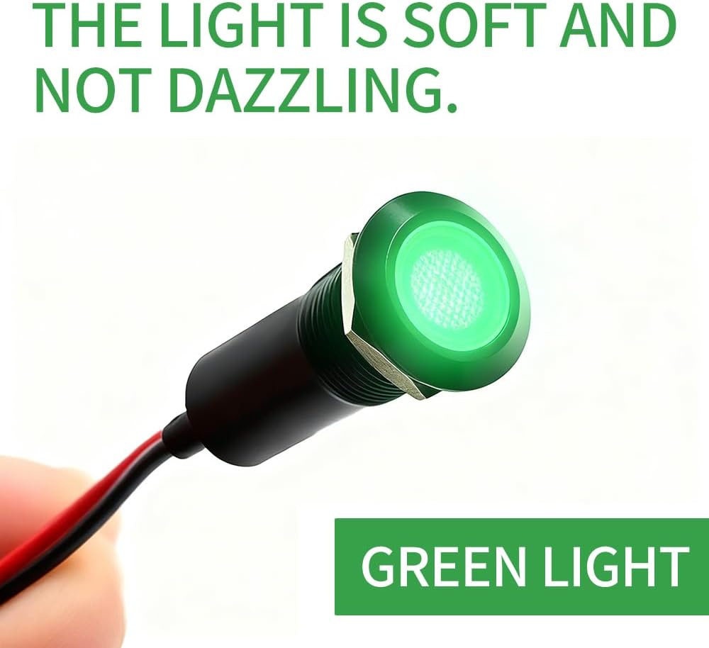 50PCS 12mm (1/2') Green LED Indicator Light Waterproof Metal Signal Lamp 5V 12V 24V IP67 Pilot Dash Head for Car Industrial Equipment Light (12V-Black Shell Green 50PCS)