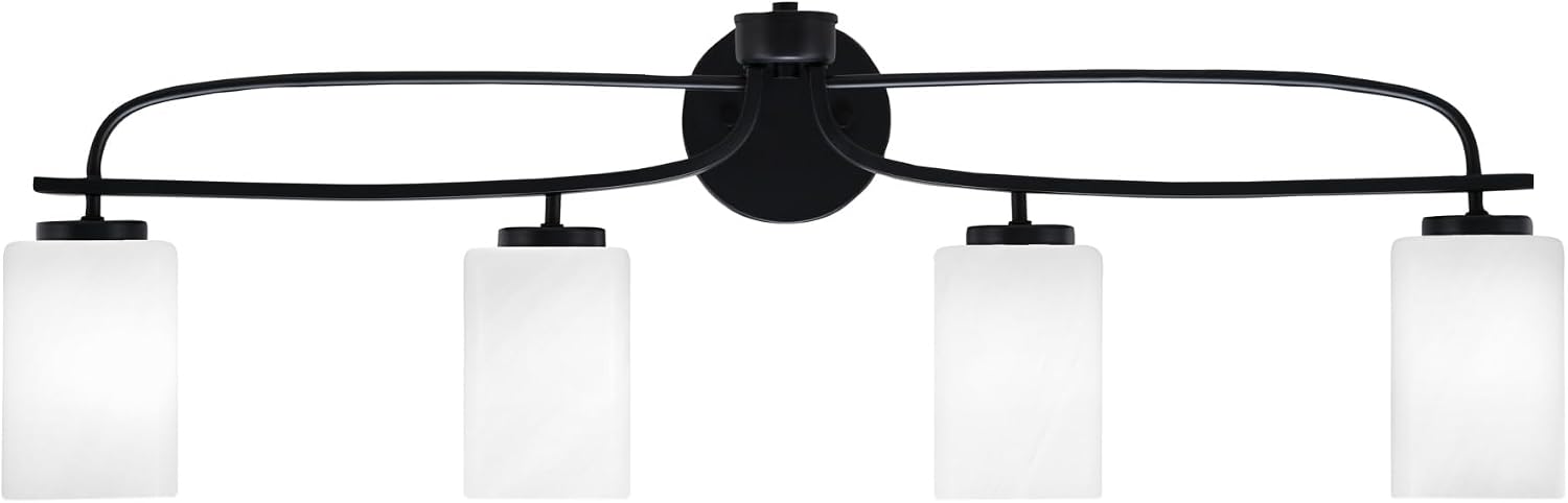 Toltec Lighting Cavella 4-Light Bath Bar – Modern Bathroom Vanity Light – Dimmable, LED-Compatible Wall Fixture – Matte Black Finish, 4' White Marble Glass