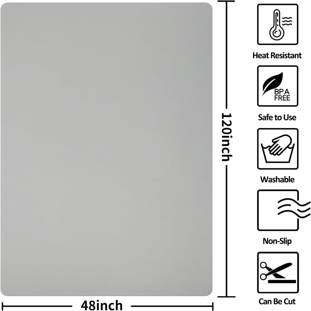 Extra Large Silicone Mat,Silicone Mats for Kitchen Counter Island Dinner Table Countertop Protector Heat Resistant Mat (120' x 48', Grey)