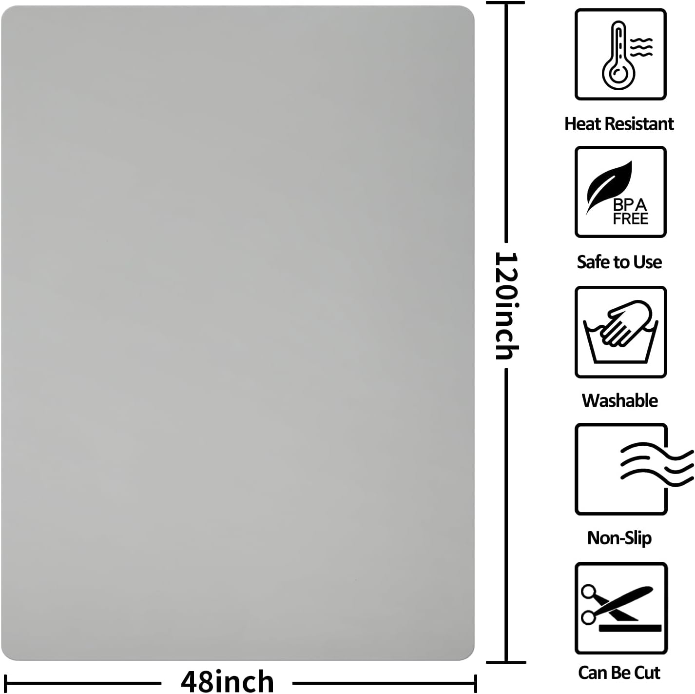 Extra Large Silicone Mat,Silicone Mats for Kitchen Counter Island Dinner Table Countertop Protector Heat Resistant Mat (120' x 48', Grey)
