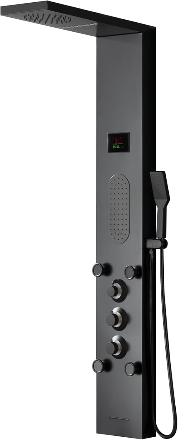 Black Shower Panel Tower System, LED Light Shower Tower with Large Area Body Jet Massage Shower Fixtures with LCD Temperature Display, Adjustable Body Jets Tub Spout Hand Shower, Black