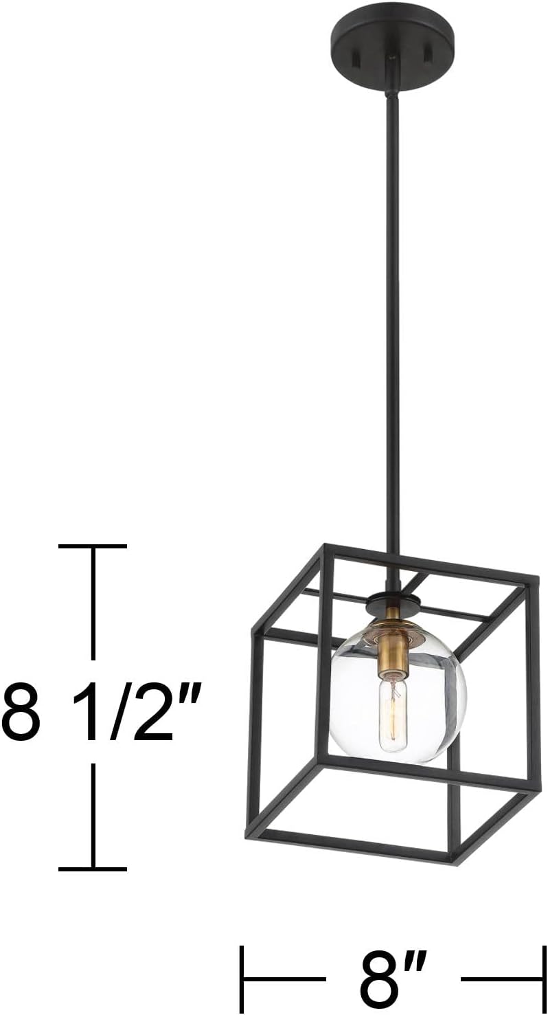 Possini Euro Design Delaney Black Burnished Brass Mini Pendant Light 8' Wide Modern Square Cage Round Clear Glass Shade Fixture Dining Room House Entryway Bedroom Kitchen Island Hallway Ceilings