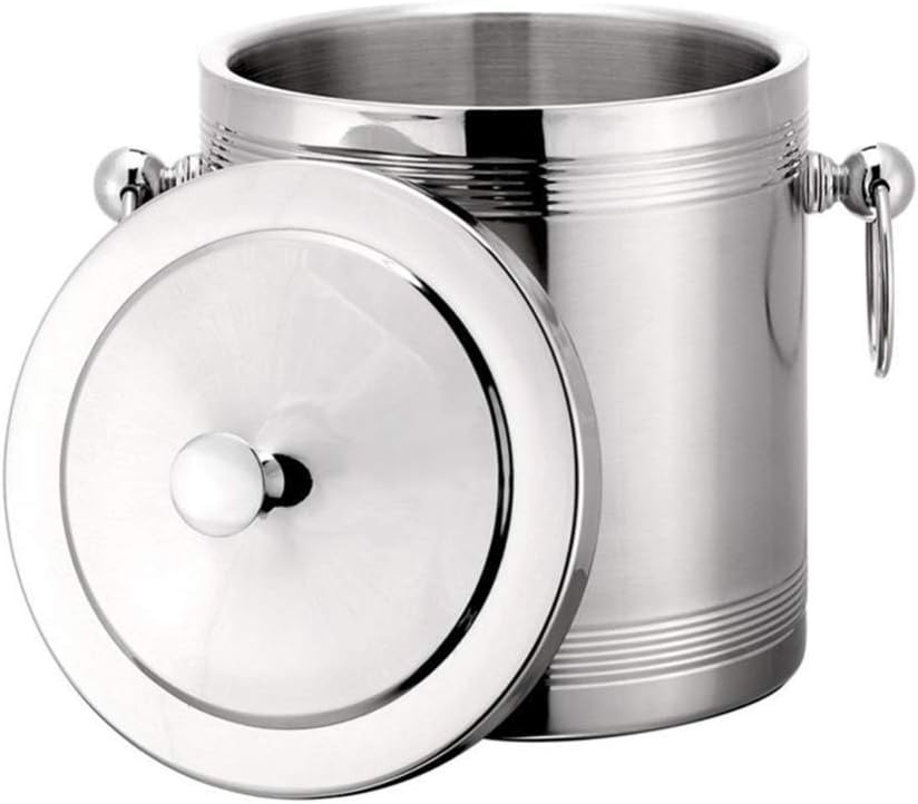 Ice Bucket with Lid 1.4 Litre Double Walled Insulated Stainless Steel with Cover Carry Handle