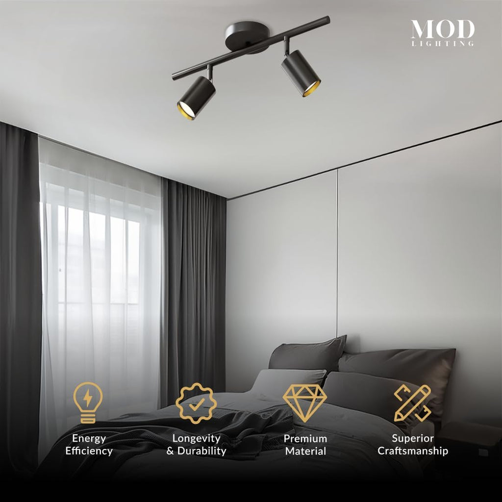 MOD LIGHTING Harris | Modern Track Lights LED, Indoor Ceiling Light Fixture for Living Room, Kitchen Island Ceiling Lighting, Solid Brass Light Fixture (Βlack | Warm White | 2 Lights)