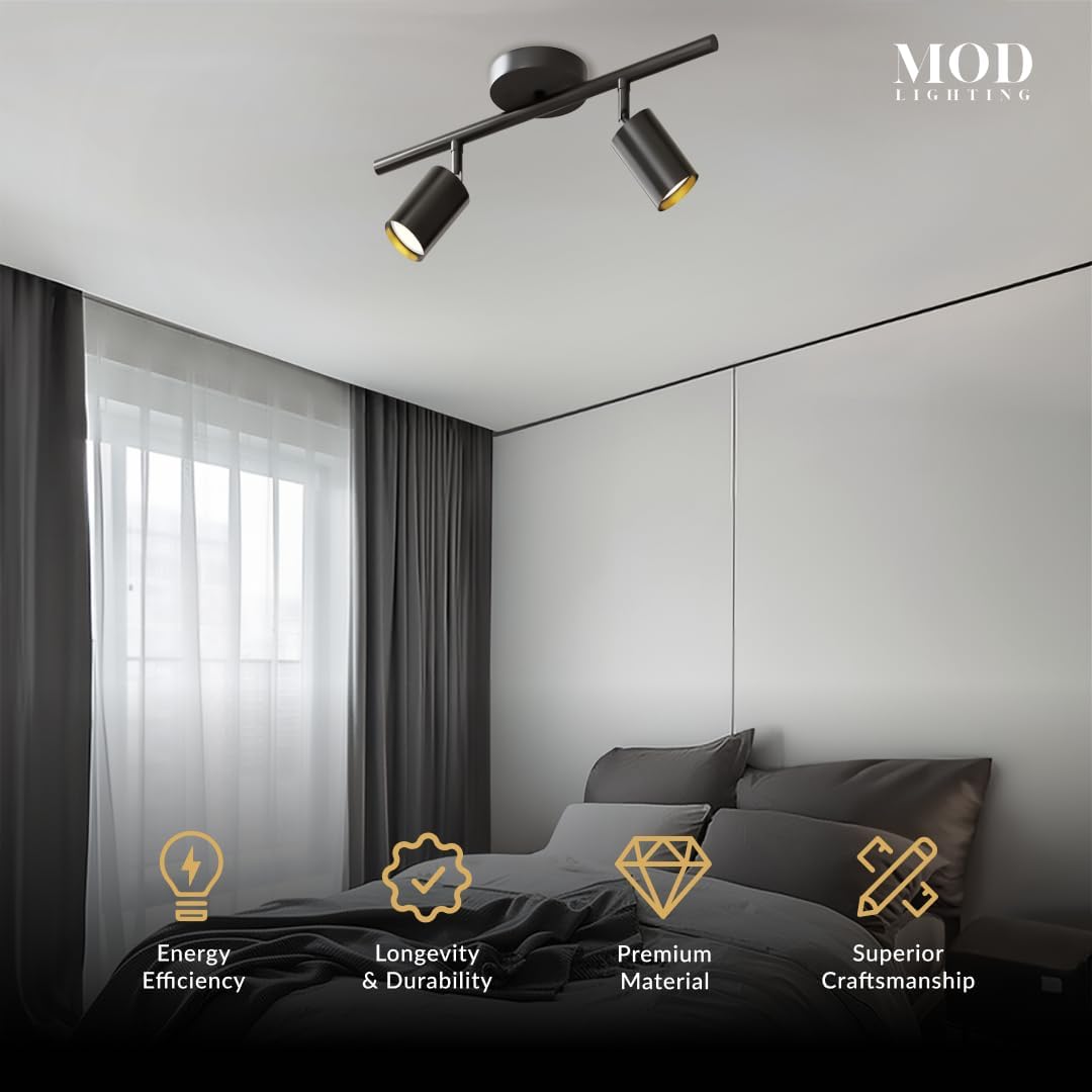 MOD LIGHTING Harris | Modern Track Lights LED, Indoor Ceiling Light Fixture for Living Room, Kitchen Island Ceiling Lighting, Solid Brass Light Fixture (Βlack | Warm White | 2 Lights)