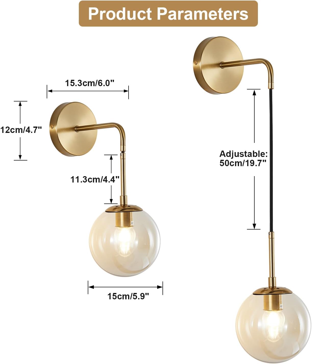 BOKT Mid Century Modern Globe Wall Sconce Lighting Set of 2 Brushed Brass Gold Amber Glass Round Wall Light Fixture Set of Two Vintage Vanity Bathroom Globe Wall Lamp (Amber)