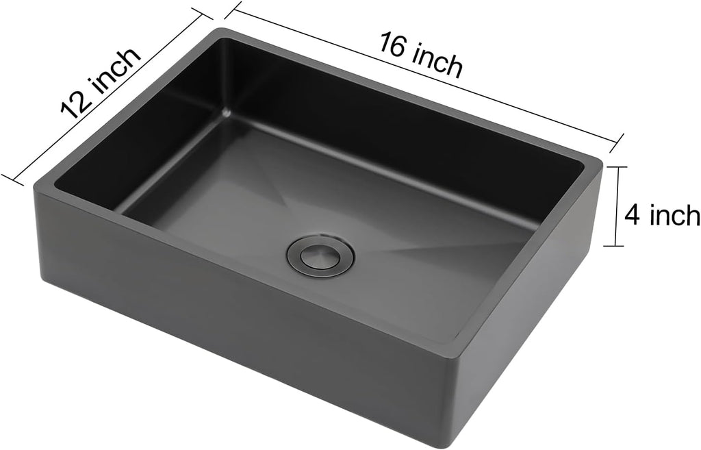 16'x12' Bathroom Vessel Sink Rectangular - Gunmetal Black NANO-PVD, 16 Gauge 304 Stainless Steel, Above Counter Rectangle Modern Vanity Lavatory Bath Sink Basin