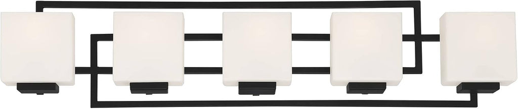 Possini Euro Design Lighting on the Square Modern Wall Mount Light Matte Black Aluminum Hardwired 37' 5-Light Fixture Opal Glass Shade for Bathroom Vanity Mirror House Living Room Home Hallway