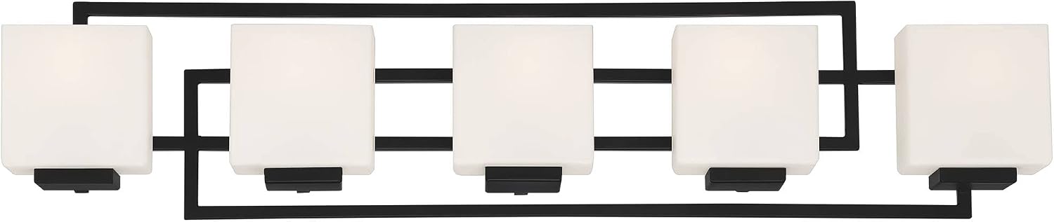 Possini Euro Design Lighting on the Square Modern Wall Mount Light Matte Black Aluminum Hardwired 37' 5-Light Fixture Opal Glass Shade for Bathroom Vanity Mirror House Living Room Home Hallway