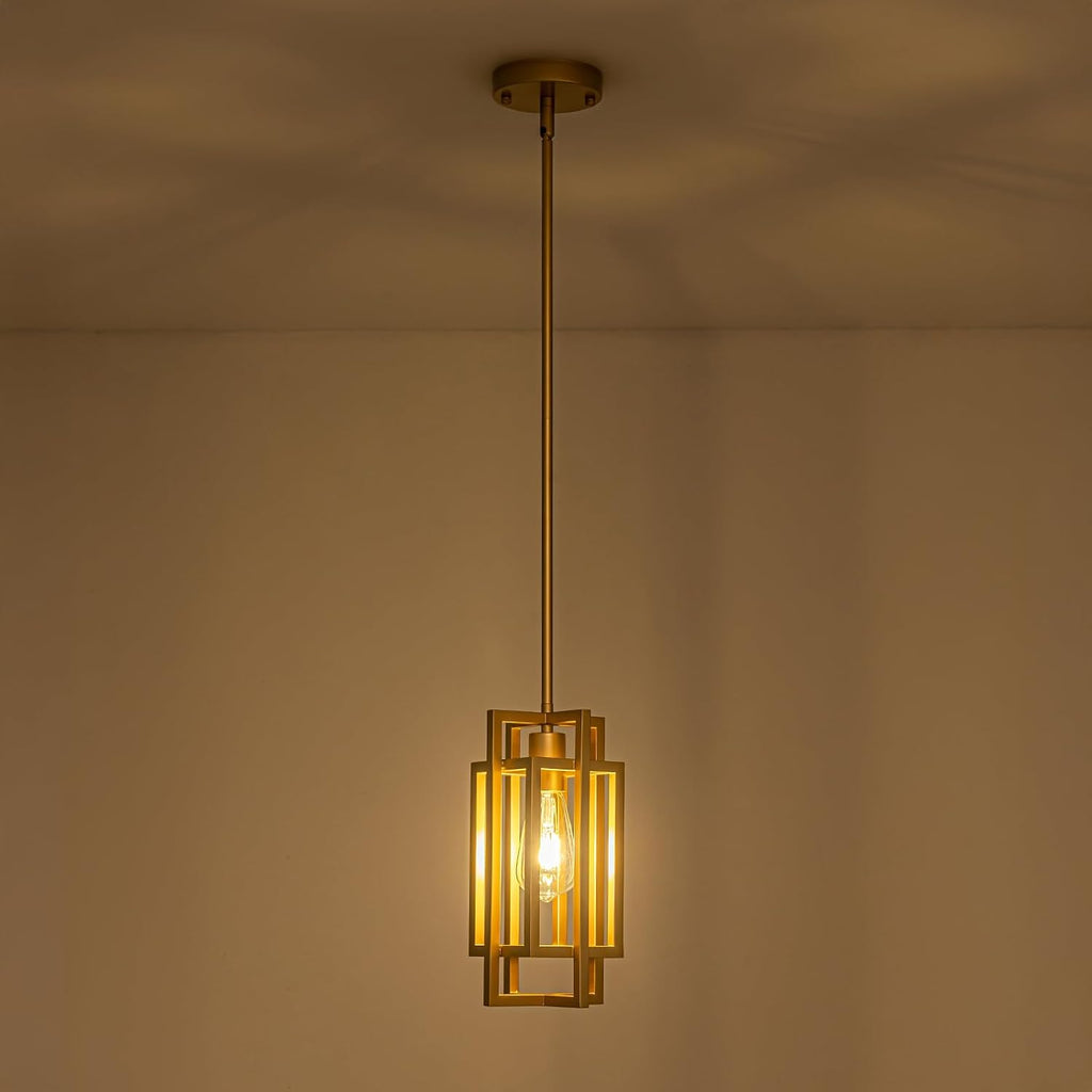 Modern Pendant Light Fixtures 2 Pack 1 Light, Gold Finish Cage Farmhouse Pendant Lights with Max 59'' Adjustable, Small Square Pendant Ceiling Hanging Light for Kitchen Island Dining Room Entryway