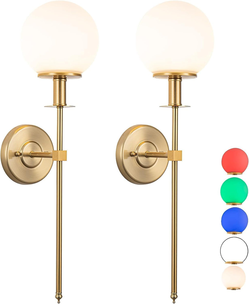 Wall Sconces Set of 2, Modern Globe Glass Shade, not Hardwired Brass Fixture Lighting (Gold-06)