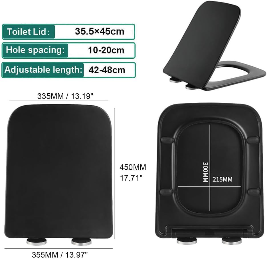 350 * 450mm, Square Toilet Seats, Black Toilet Lid Easy Clean Square Shaped Toilet Seat Soft Close, Quick Release, Top Fix, in UF, Replacement