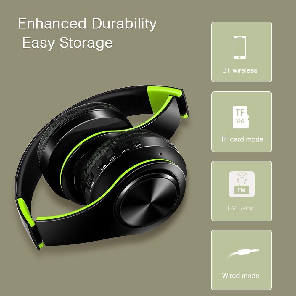 Bluetooth Headphones, Chat- Comfortable Over Ear Stereo Headphsets with Mic, Soft Earmuffs/Foldable/SD/TF, 20H Playtime, Great for Music/OFC/Tour/Gym/Game (20pcs Green Colors)