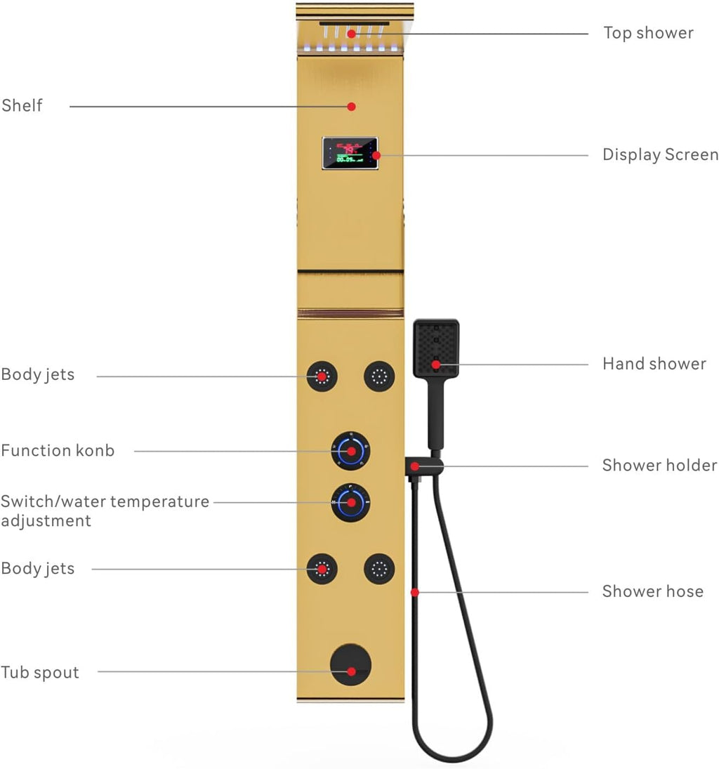 ELLO&ALLO LED Rainfall Shower Head and Rain Massage System with Body Jets Stainless Steel Bathroom Shower Panel Tower System with Shelf, Brushed Gold&Black