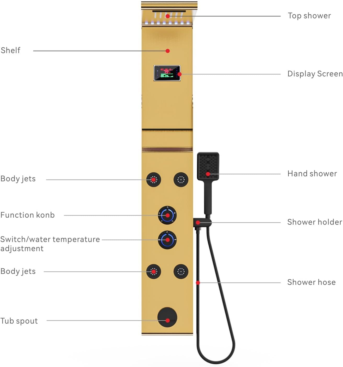 ELLO&ALLO LED Rainfall Shower Head and Rain Massage System with Body Jets Stainless Steel Bathroom Shower Panel Tower System with Shelf, Brushed Gold&Black
